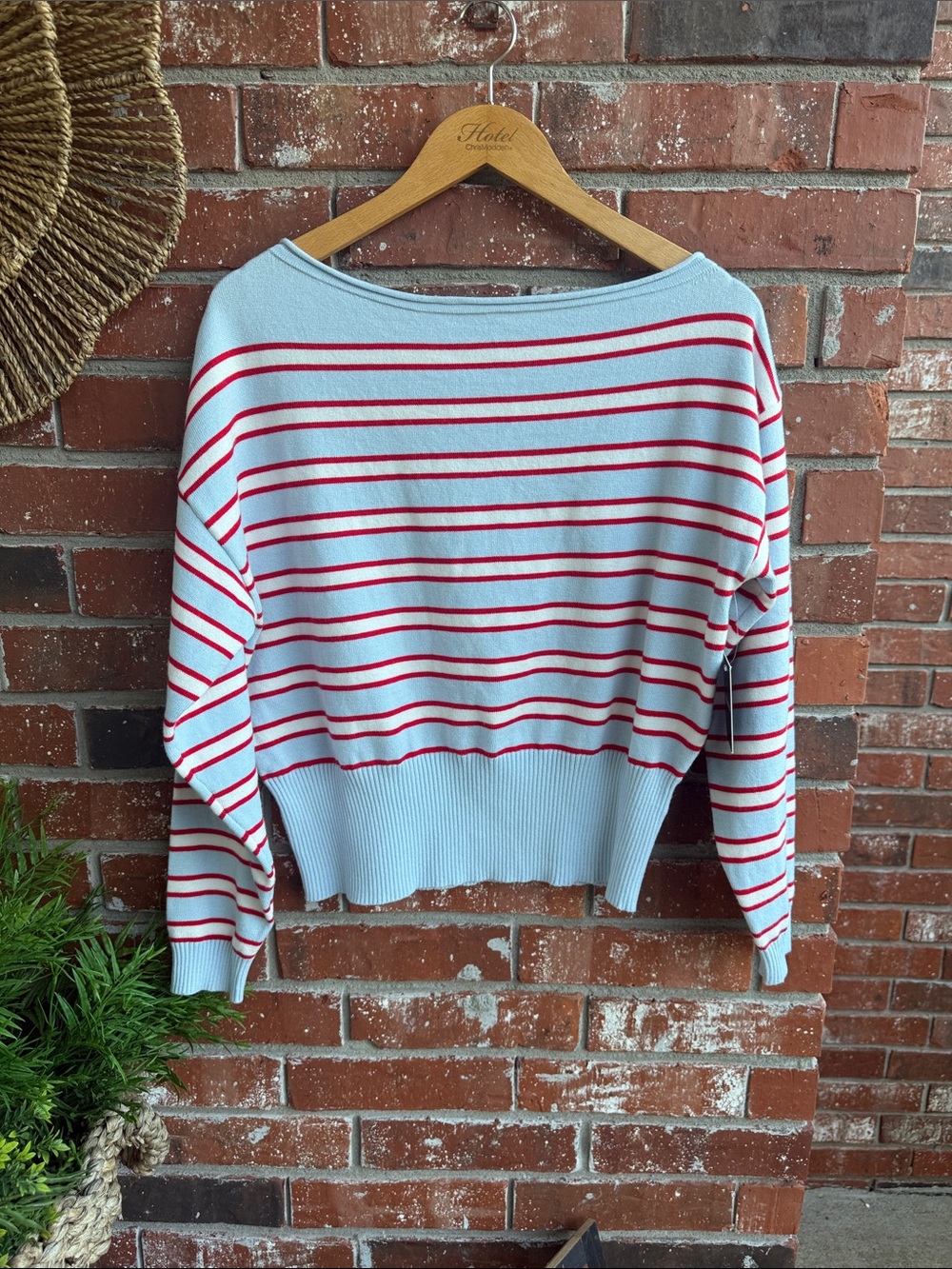 Forever 21 Striped Boatneck Sweater - Light Blue with Red Stripes